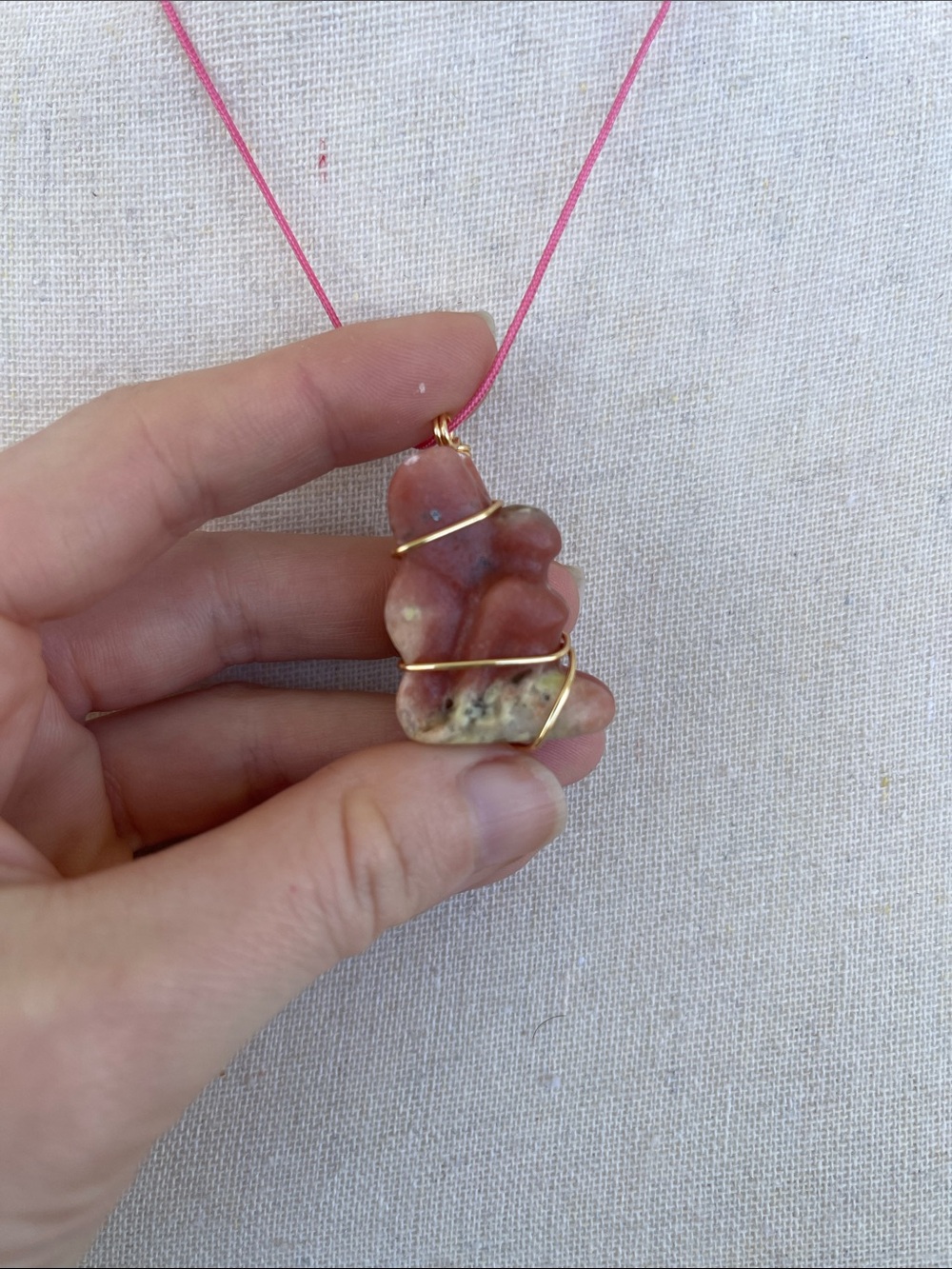 Peruvian Pink Opal Fairy Necklace on Pink Nylon Cord Gold Tone Wire Wrap